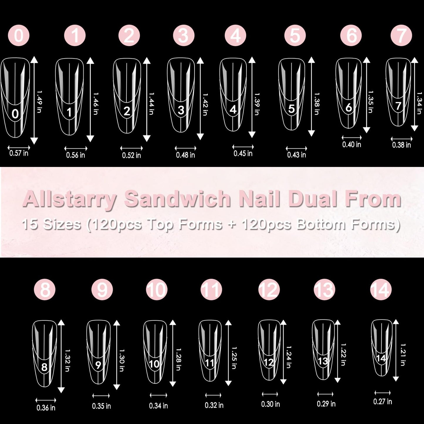 Allstarry Sandwich Dual Nail Forms, Reusable Sandwich Dual Forms 240pcs 15 Sizes Almond Round Nail Extensions Plastic Poly Gel Nails Forms for Builder Gel No Paper Forms Needed Moldes Dual Nails Molds