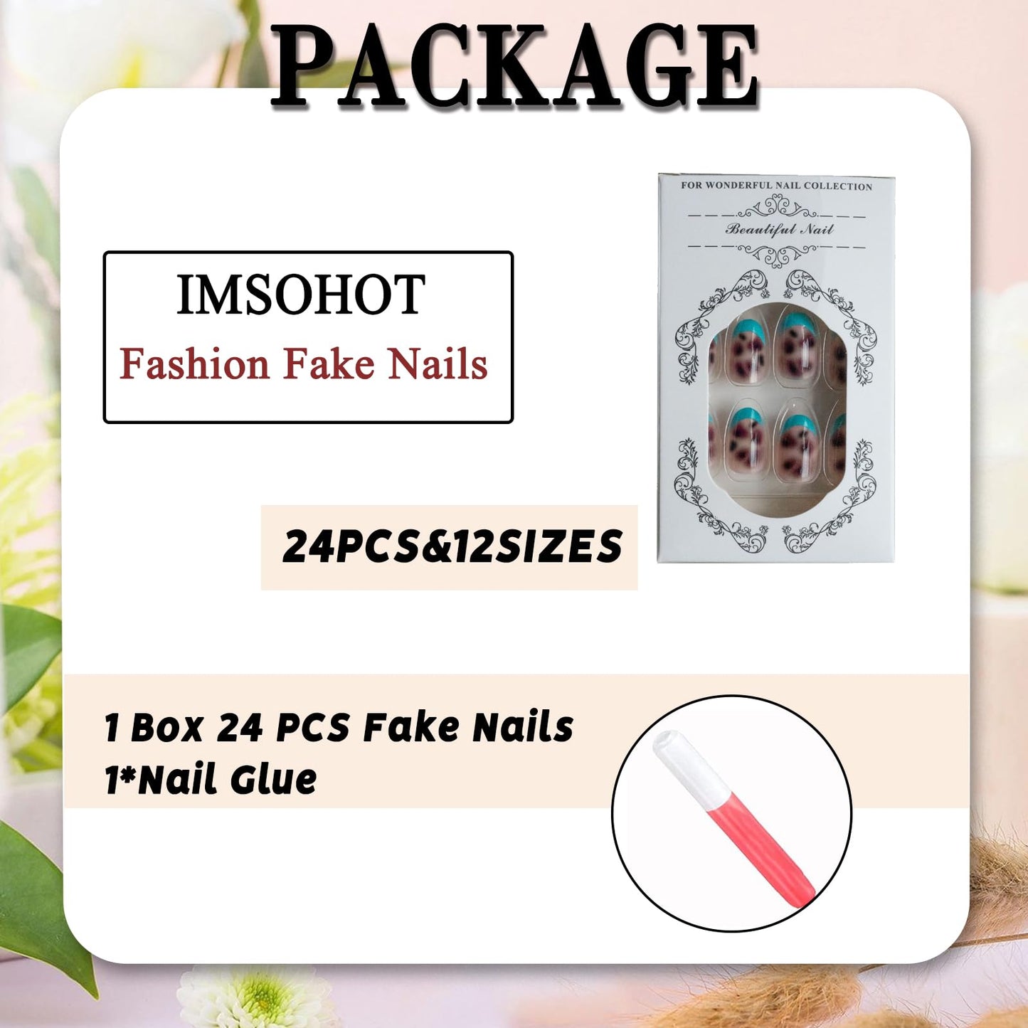 IMSOHOT Press on Nails Short Oval Fake Nails Blue French Tips Acrylic False Nails with Leopard Print Designs Round Glossy Glue on Nails for Women Girls 24Pcs
