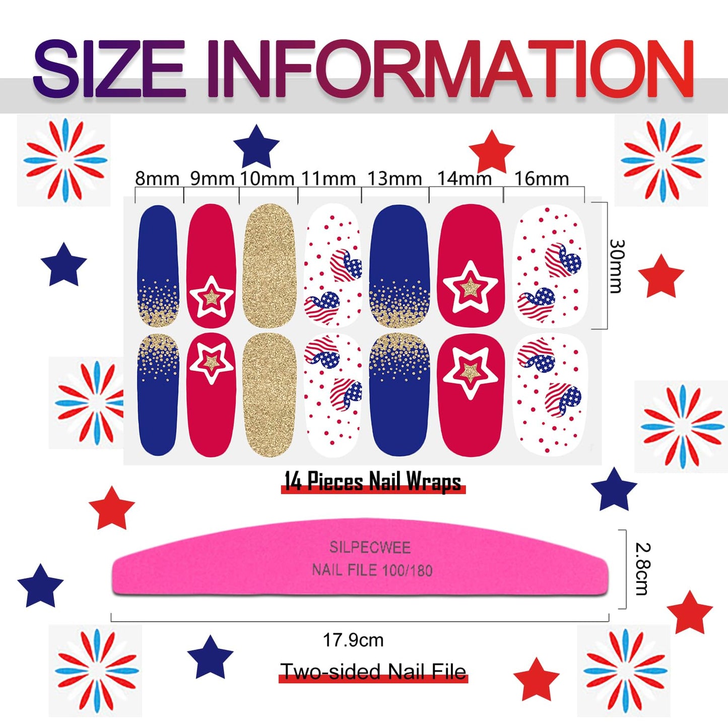 SILPECWEE 20 Sheets 4th of July Nail Wraps Independence Day Nail Polish Stickers Patriotic American Nail Polish Strips Self Adhesive Fingernail Sticker Nails for Women with Nail File
