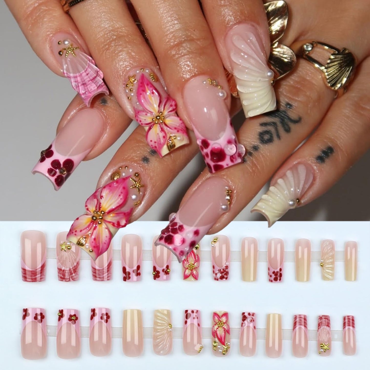 24Pcs Summer Press on Nails Medium Square Fake Nails with Pearl Rhinestones Designs Gold Starfish Seashell Glue on Nails 3D Flower Acrylic Nails Beach False Nail French Tip Stick on Nail for Women