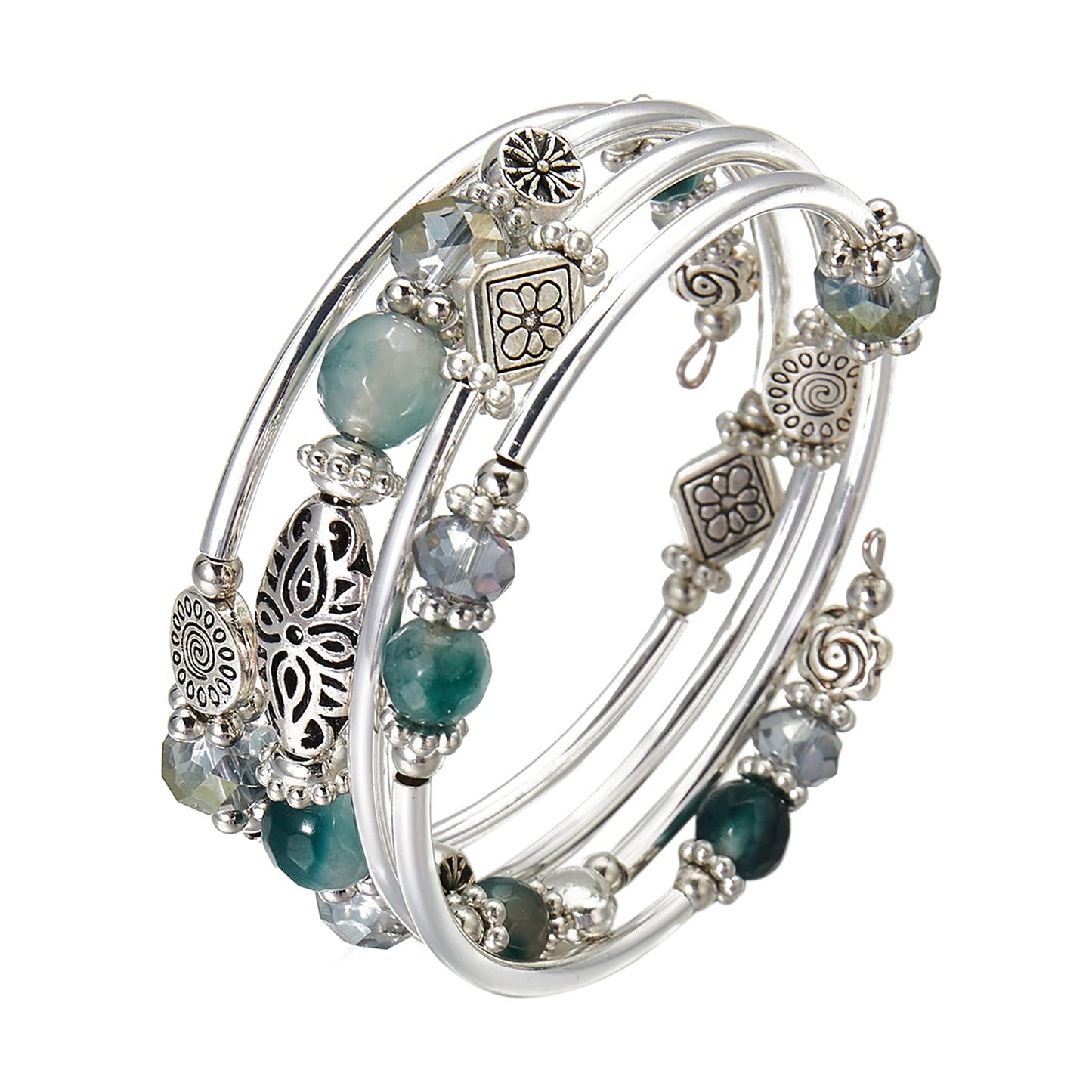 FULU AUTUMN Stackable Beaded Bracelet for Women Boho Wrap Silver Bracelet Layered Fashion Jewelry Gift (Green)