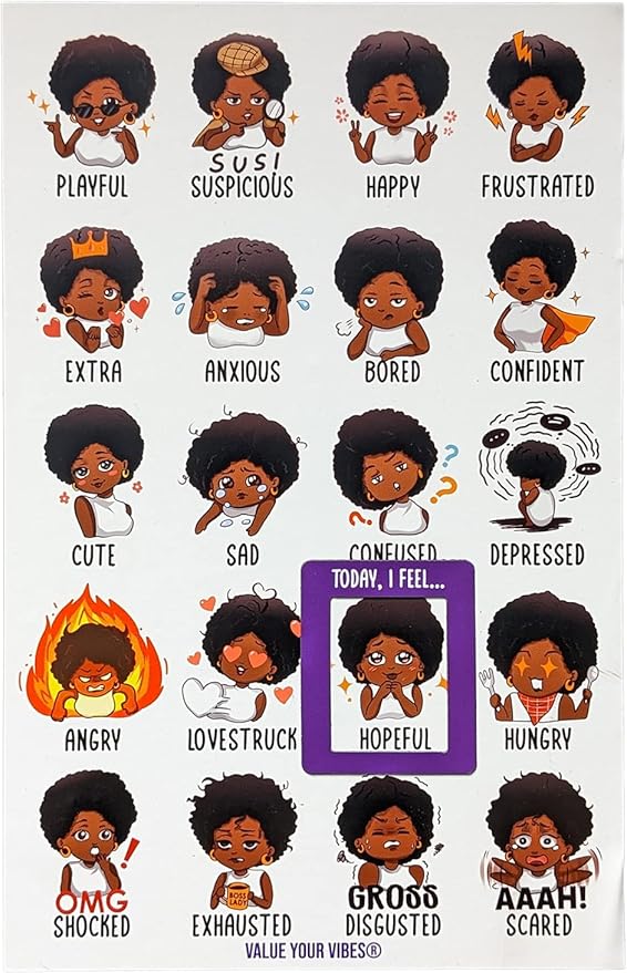 Daily Vibe Check Magnet - Black Feelings & Emotions Chart - 8.5” x 5.5” - Two-Piece Magnet Set (Female)