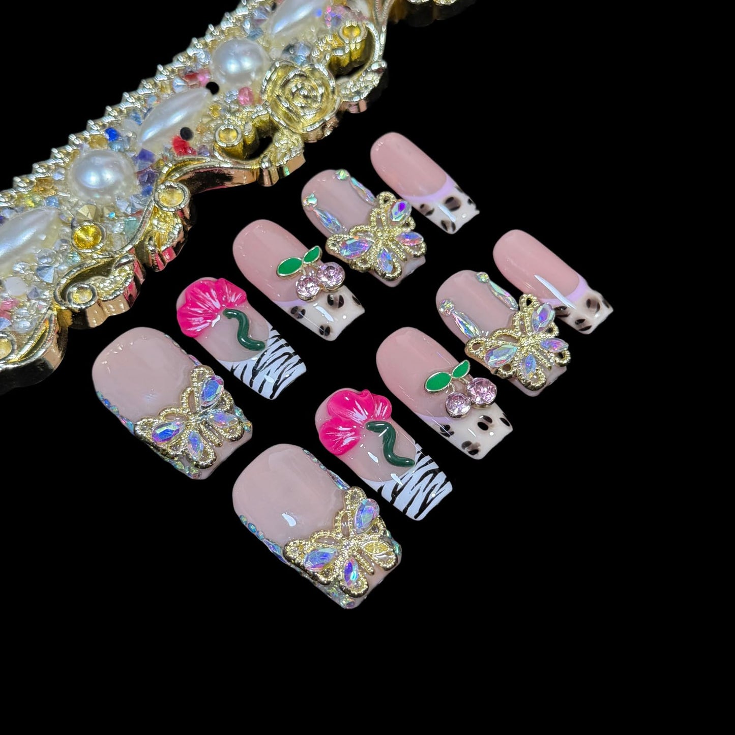 Handmade Press On Nails, Short Medium Square Nude Pink with 3D Butterfly & Flower Design, Reusable Acrylic Fake Nails with Crystals, Blush Garden (M)
