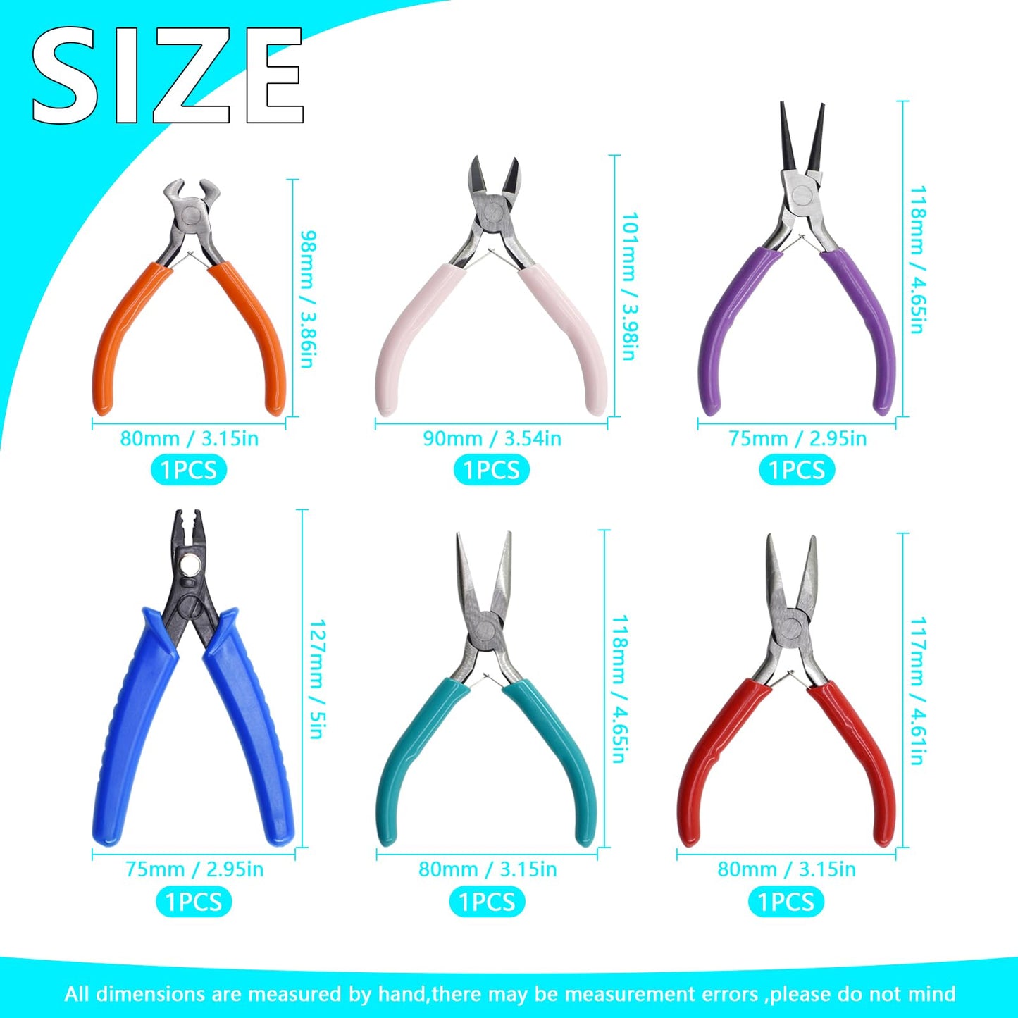 6Pcs Jewelry Pliers Making Tools Kit for Necklace, Bracelet, Earrings or Repairing, Include Wire Cutters, Nose, Crimping, Bent Nose Pliers, End Nippers for Beading Craft