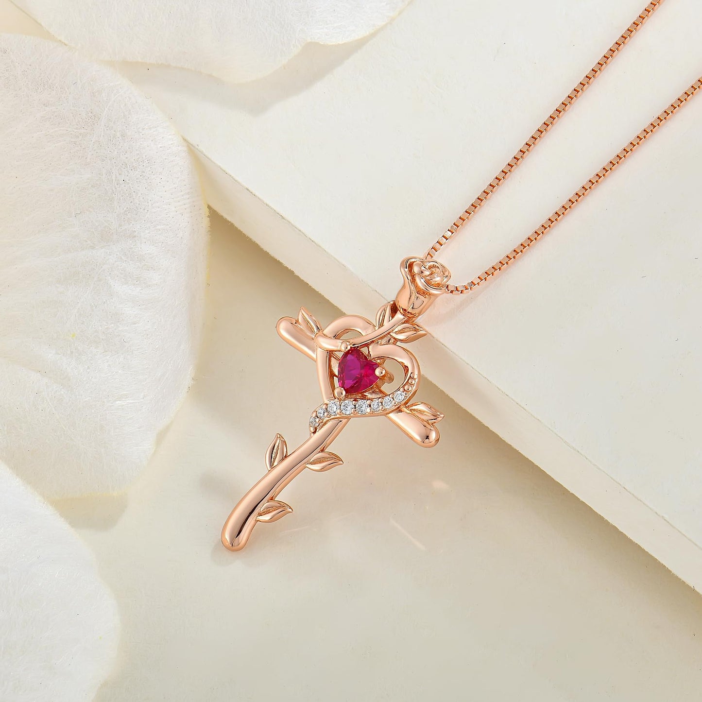 STARCHENIE Rose Cross Necklace, 925 Sterling Silver 14K Rose Gold Plated, Created Ruby Heart Pendant, Crucifix Jewelry Gift for Women