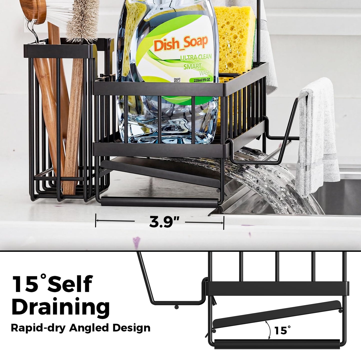 Sponge Holder for Kitchen Sink – Rustproof Stainless Steel with Detachable Drainboard, Brush Rack & Towel Bar | Compact, Non-Slip Design for Countertop Bathroom