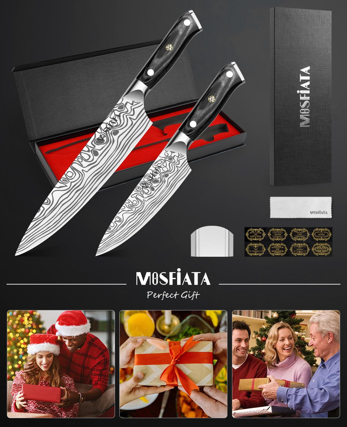 MOSFiATA 2Pcs Chef Knife Set, Sharp Kitchen Knife High Carbon German EN1.4116 Stainless Steel Cooking Knife, 9"&6" Chopping Knife Kitchen Knives Set with Ergonomic Handle, Gift Box