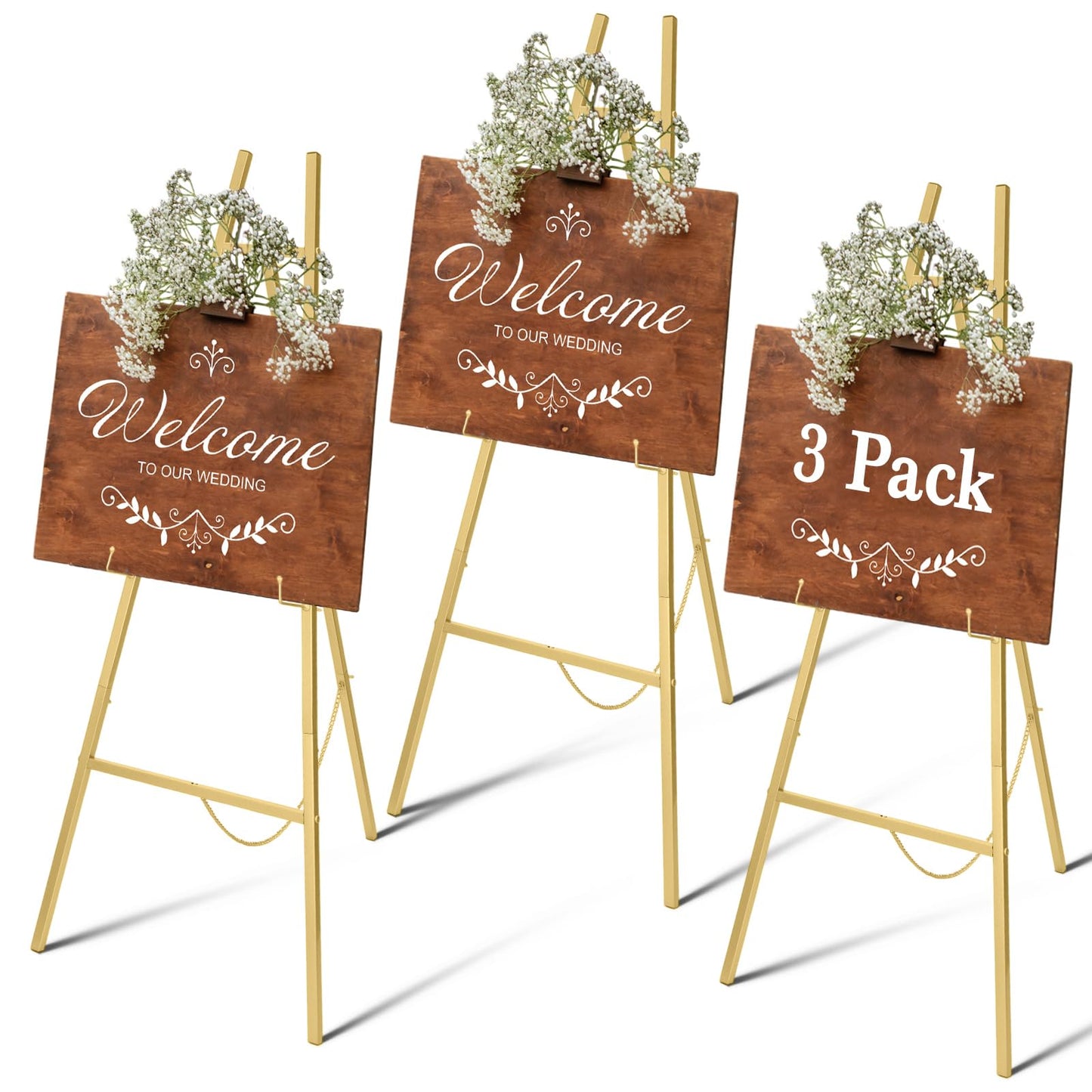 Yuntau 3 Pieces Gold Metal Easel Stand for Sign, 50 Inch Display Stand Adjustable 3 Tier Easel for Wedding Sign, Posters, Paintings, Exhibition