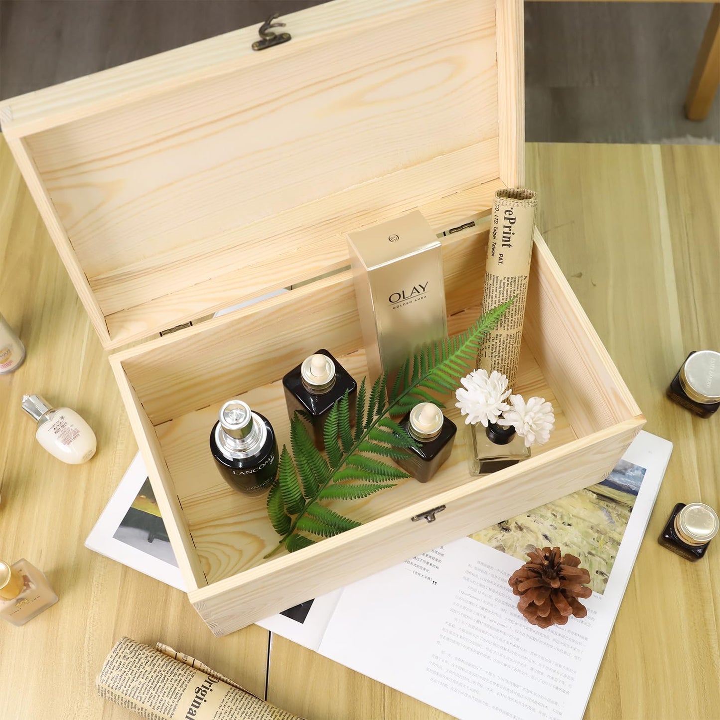 JJSQ Large Wooden Storage Box with Hinged Lid Rectangle Unfinished Unpainted Accessories Storage Wood Box for Crafts DIY Decoration Natural (13.8" x 7.9" x 7.1" IN)