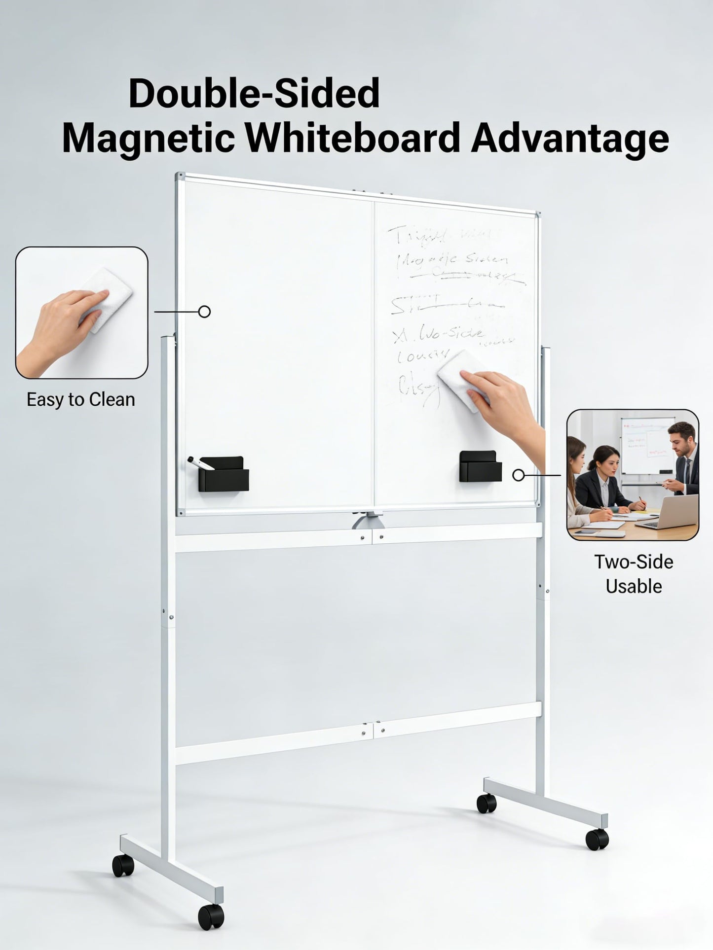 Large Rolling Magnetic Whiteboard on Wheels, 48" x 32" Double-Sided Mobile White Board with Stand, Portable Standing Dry Erase Board Easel with Lockable Wheels for Home Office Classroom School White