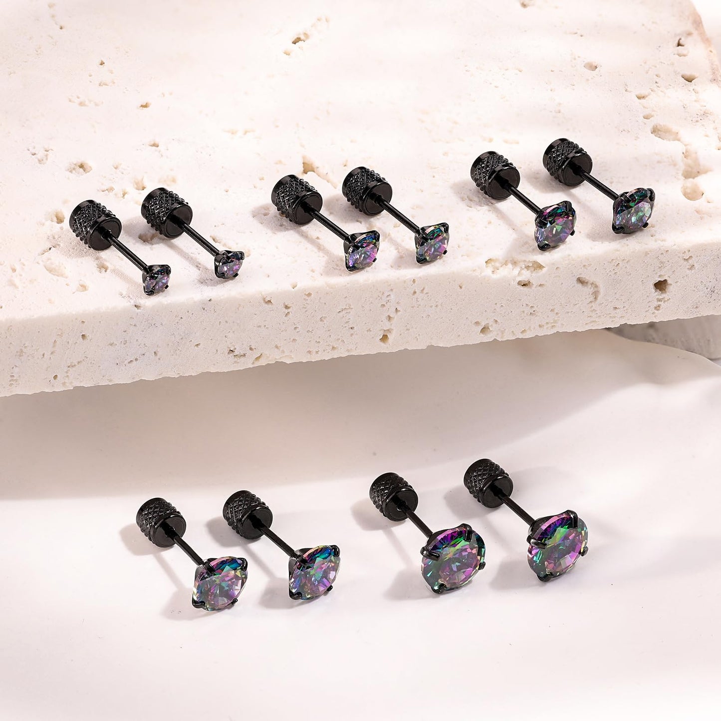 Hypoallergenic Threadless Flat Back Earrings,1 Pairs Cartilage Stud for Women Men Titanium Post 20G None Screw Easy Push in Gold Black Stainless Steel Flatback with CZ 3-7mm (Black+Rainbow CZ, 6mm)