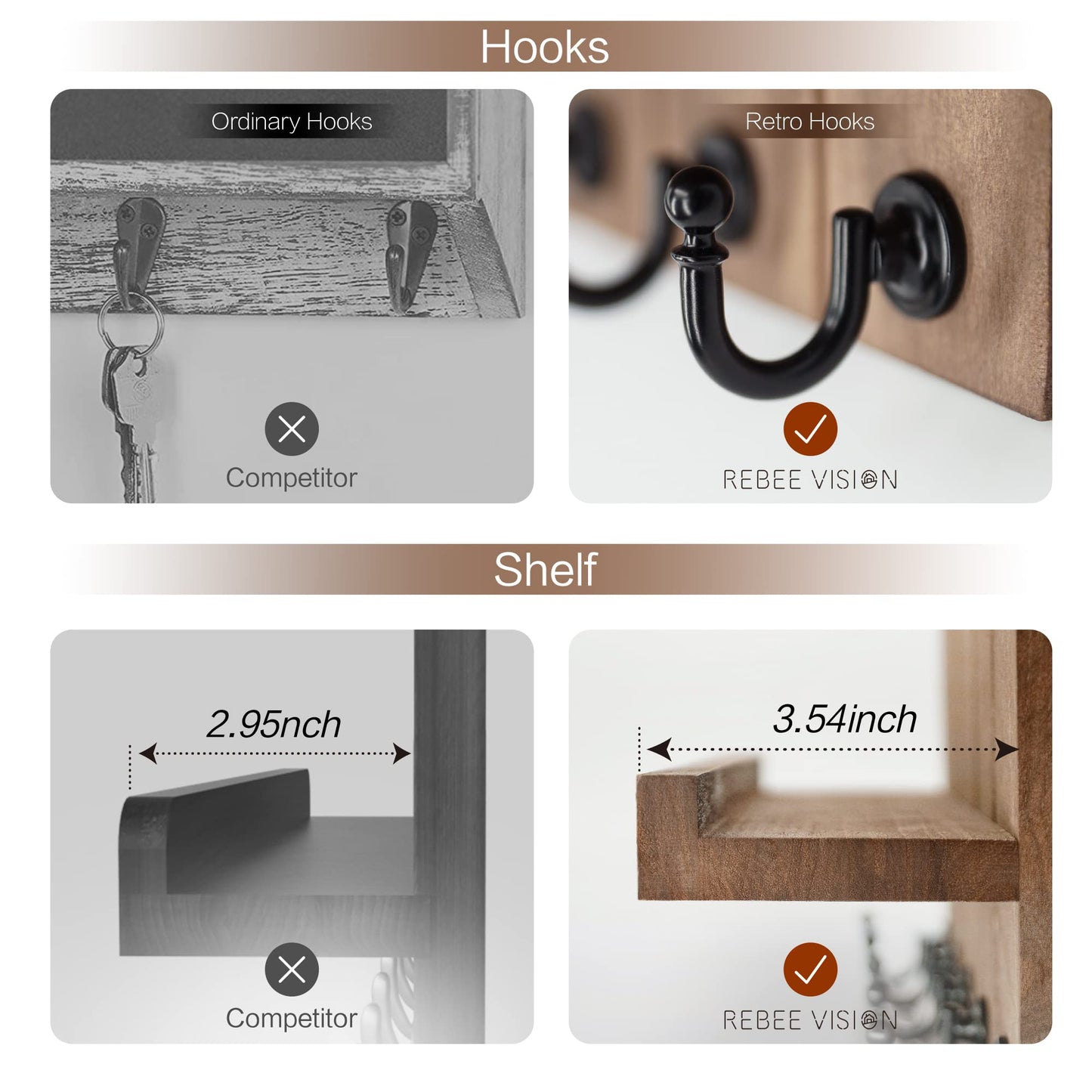 Rebee Vision Decorative Key Holder Wall Mount - Rustic Key Holder for Wall with Shelf and Mail Organizer for Living Room Decor - Home Essentials for Home Improvement (Brown, 3.54" x 10" x 7.28")