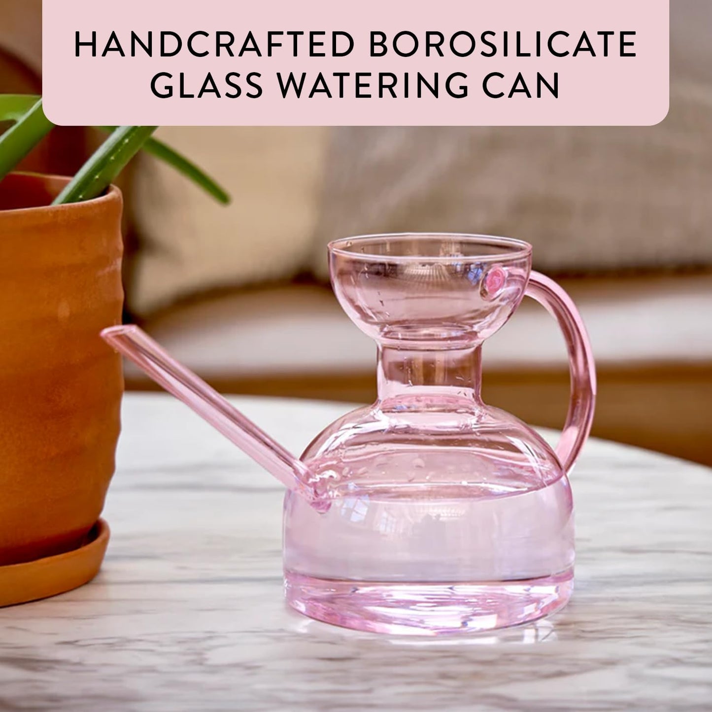 Modern Sprout Plant Watering Can - Handcrafted from Borosilicate Glass - Long Spout Vessel for Indoor Plants - 32 Oz Capacity - Multipurpose Watering Can and Flower Vase for Houseplants (Blush)