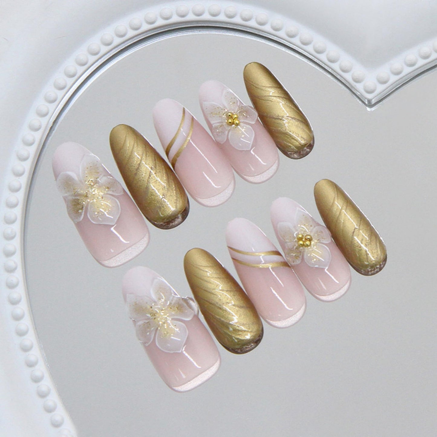 Almond Press on Nails Long Fake Nails Gold Acrylic Nail Press ons Seeneey Flowers Cute Stick on Nail for Women 24pcs