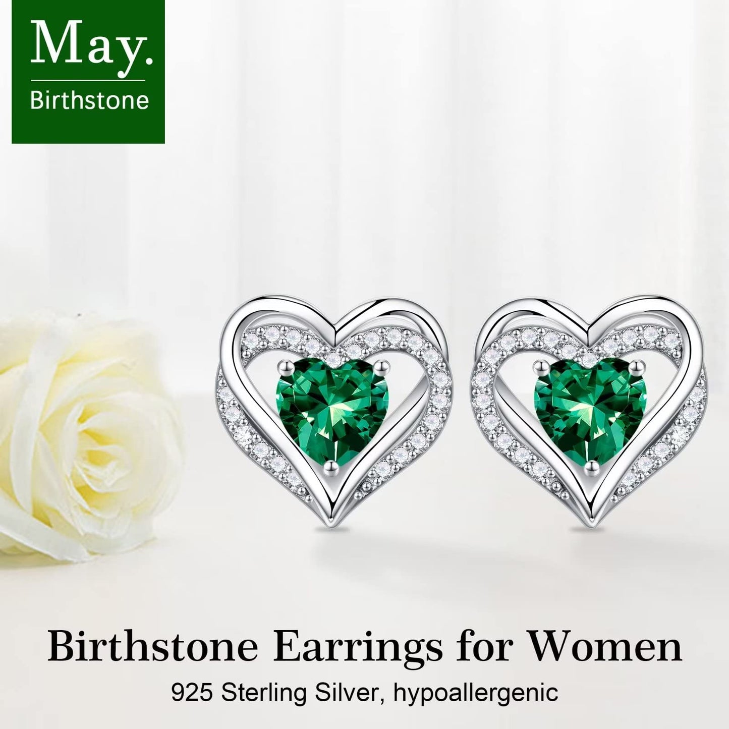 Iefil Earrings for Women, 925 Sterling Silver May Birthstone Green Emerald Heart Stud Earrings for Women