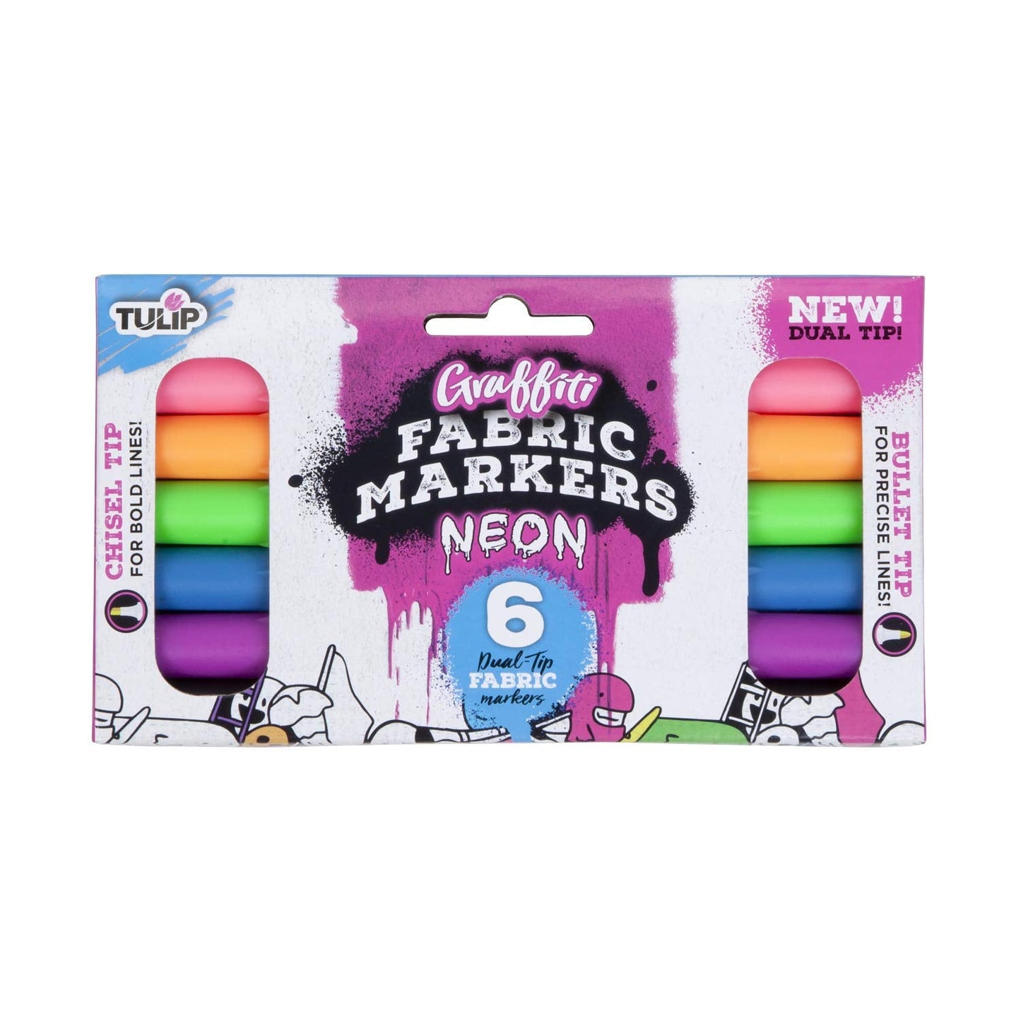Tulip Permanent Fabric Markers, Dual Tip Graffiti 6-Pack, Neon