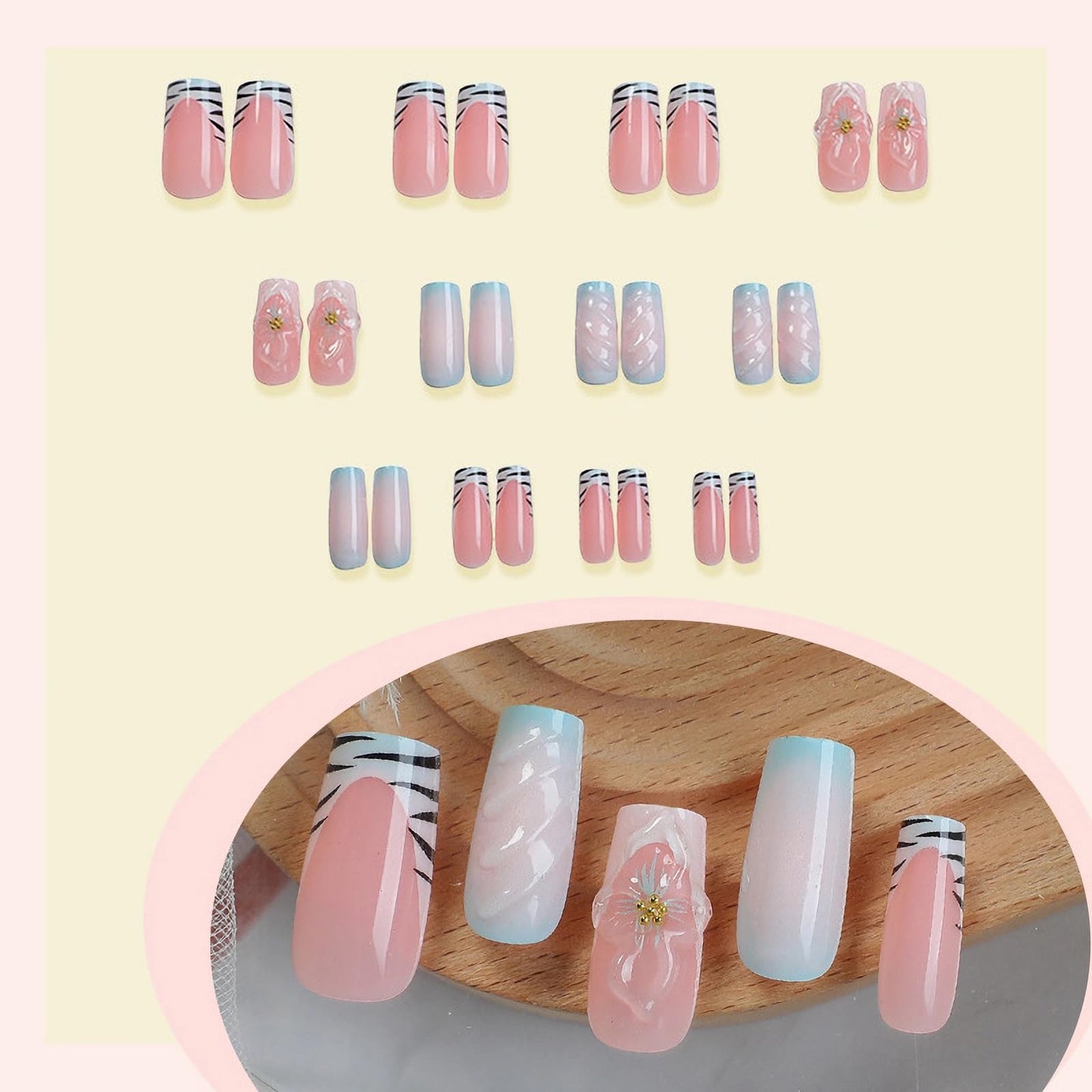MISUD Press on Nails - Long Square Glue on Nails with Blue Pink, Acrylic Flower Design 24 pcs