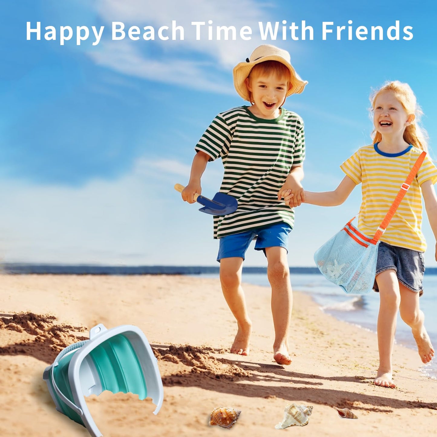 LIDAGO 5 Pcs Sand Toys Beach Set Include 1 Metal Shovel,1 Metal Rake,1 Foldable Beach Bucket & 1 Sand Sifter with 1 Mesh Beach Bag for Shells Collecting