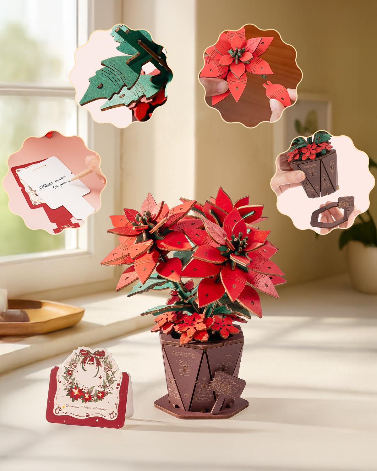Rowood 3D Puzzles for Adults,Poinsettia Building Set Craft Kit,Artificial Flower Botanical Collection,Christmas Flowers Decoration Centerpiece for Table