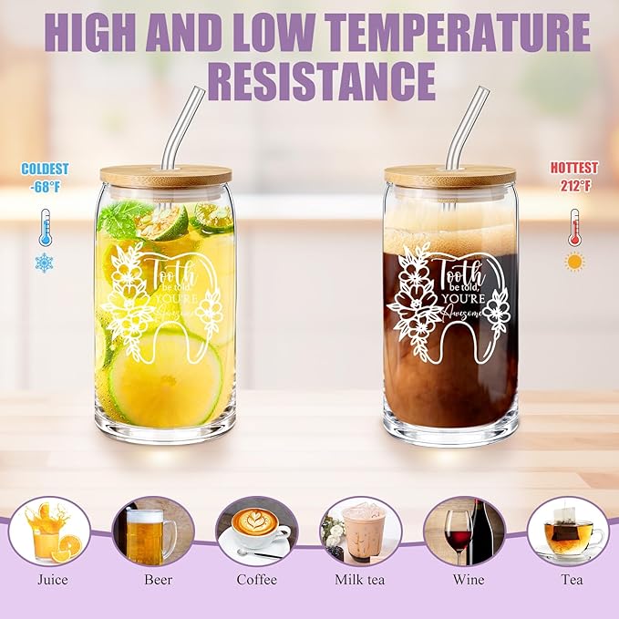 Sliner 3 Pcs Dental Hygiene Gifts Assistant Hygienist Gifts 16 oz Glass Cups Makeup Bag Teeth Stress Toy for Women Coworkers Nurse Dentist Retirement Graduation Christmas Birthday Gift(Purple)