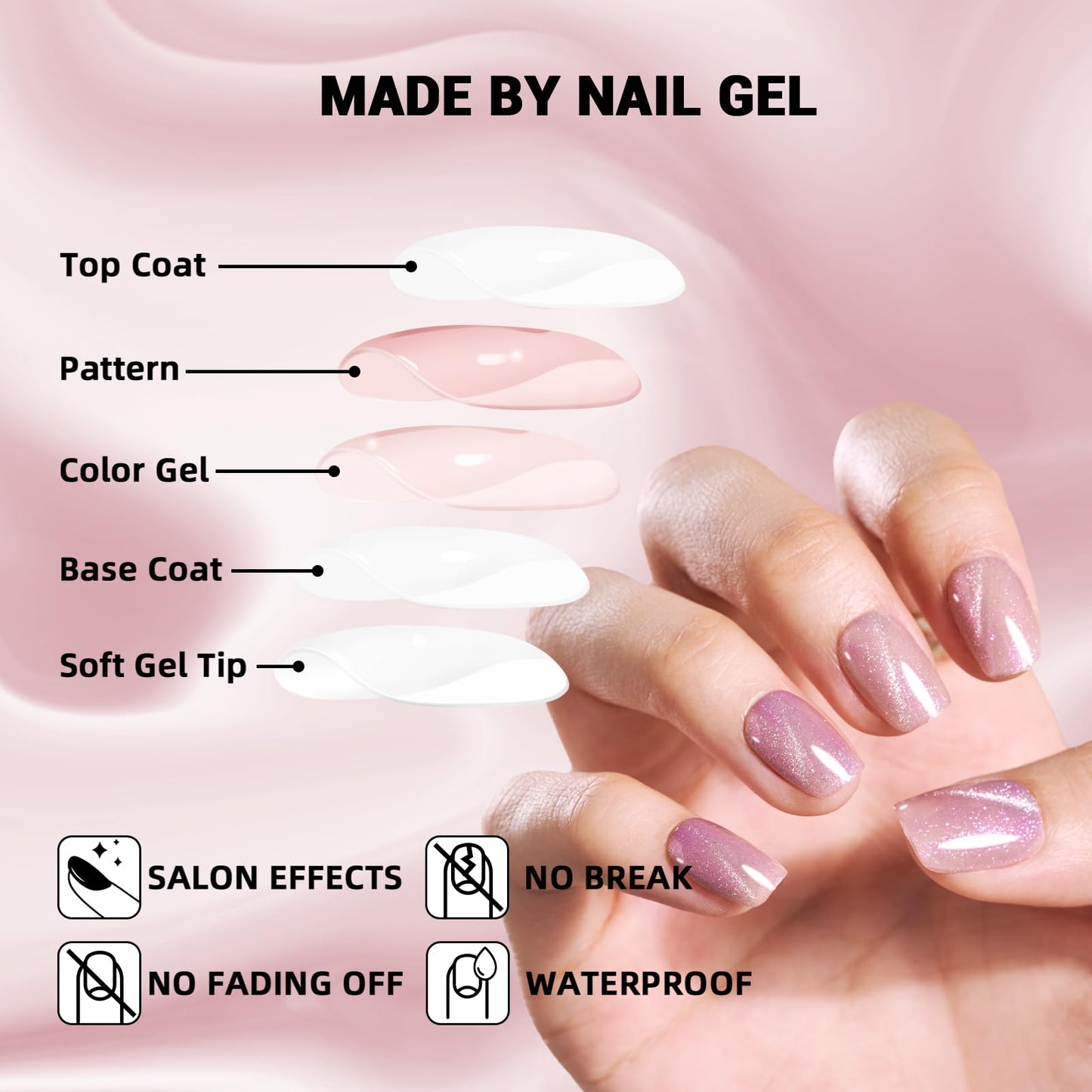 Wooyas Cat Eye Press on Nails Pink Glitter Press on Nails Short Square Handmade Fake Nail Set Glue on Nail 24PCS Glossy with Glue