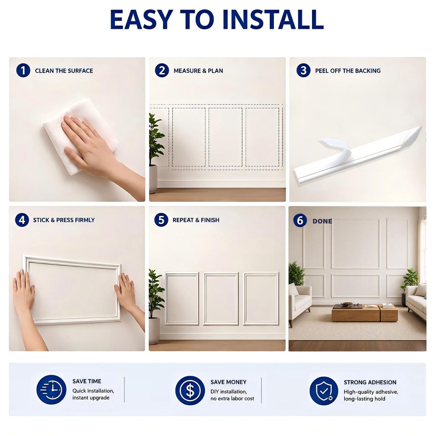 Peel and Stick Wall Molding Kit,6 Sets Pre-Cut Wainscoting Panels for Interior Wall Moulding Decor,Pre Made Wainscoting Wall Panel for Home Decoration Accent Wall (24x54in)