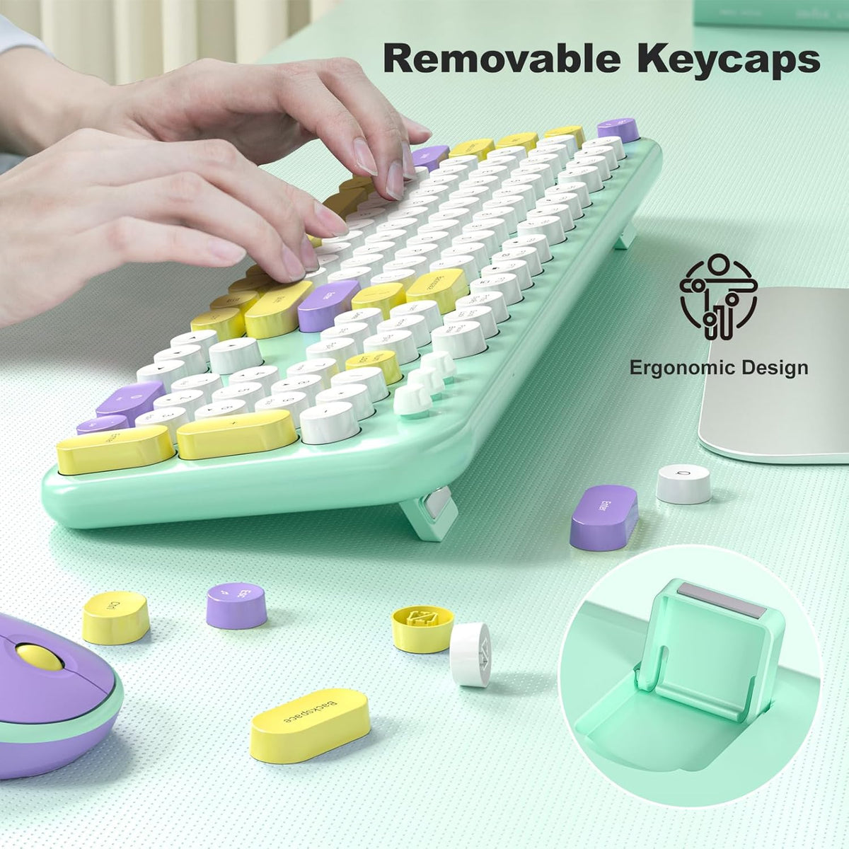 KNOWSQT Wireless Keyboard and Mouse Combo - Lovely Tiffany Blue Rainbow Full-Sized Typewriter Colorful Keyboards, Round Keycap Plug Play Retro Cute Keyboards for Windows, Laptop, PC, Desktop, Computer