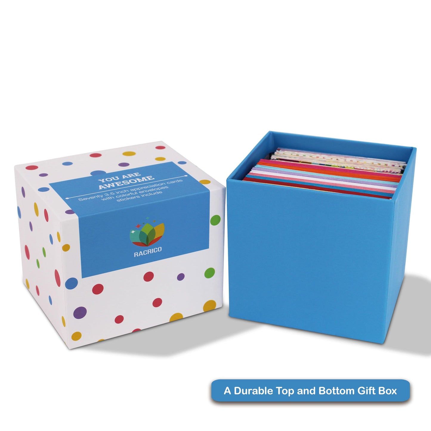 Racrico 70 Inspirational Cards with Envelopes & Stickers – 3.5x3.5 Positive Affirmation Notes in Gift Box – Encouragement, Gratitude, Motivation.
