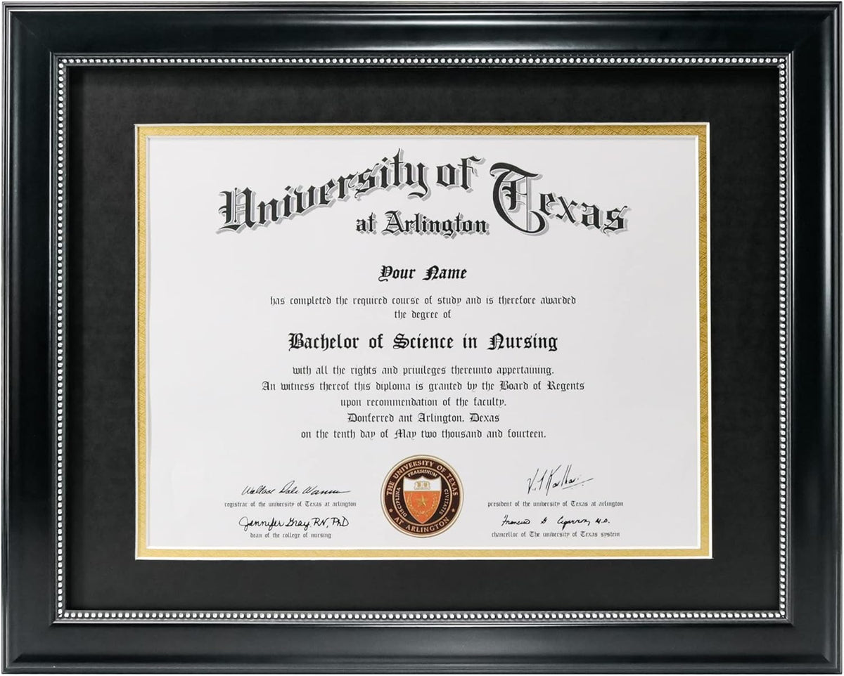 GraduationMall 8.5x11 Diploma Frame with Black over Gold Mat or Display 11x14 Document without Mat, UV Protection Acrylic, Black with Silver Beads