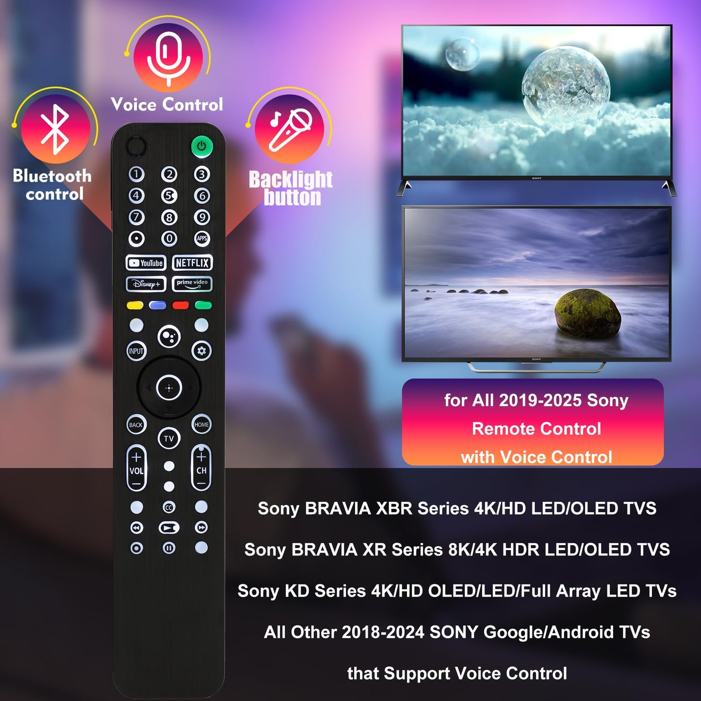 Universal Backlit Remote for Sony TV, for All 2019-2025 Sony Remote Control for Smart TV with Voice Control, Replacement Remote for Bravia XR/XBR/KD Series Google TVs, Backlight, 1 Year Full Warranty