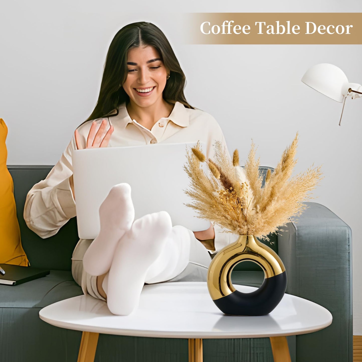FJS Ceramic Donut Vase, 8" L x 8" H Black and Gold Round Vase for Pampas Grass, Nordic Modern Vases for Decor, Ceramic Vase Centerpieces for Wedding, Bedroom, Living Room, Coffee Table, Office