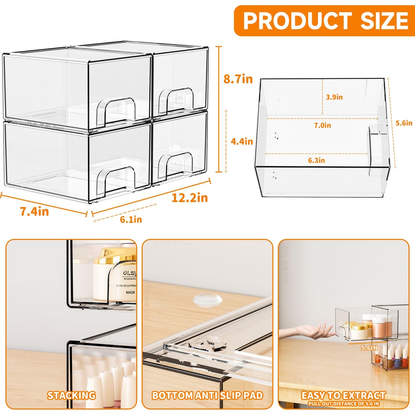 Yieach 4 Pack Clear Stackable Storage Drawers,4.4'' Tall Acrylic Drawer Containers for Organizing,Bathroom Organizers and Storage Bin Box,Plastic Makeup,Medicine Organizer Bins for Cabinet,Undersink