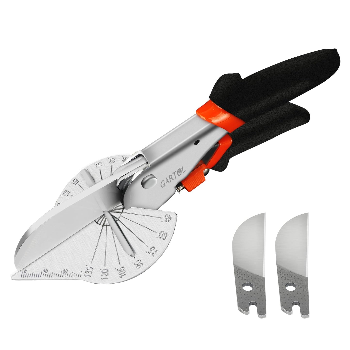 GARTOL Miter Shears, 45-135 Degree Adjustable Angle Scissors, Quarter Round Cutter Tool with Spare SK5 Blades, Trunking Shears for Cutting PVC, Trim and Softwood Moulding (Not for Hardwood)