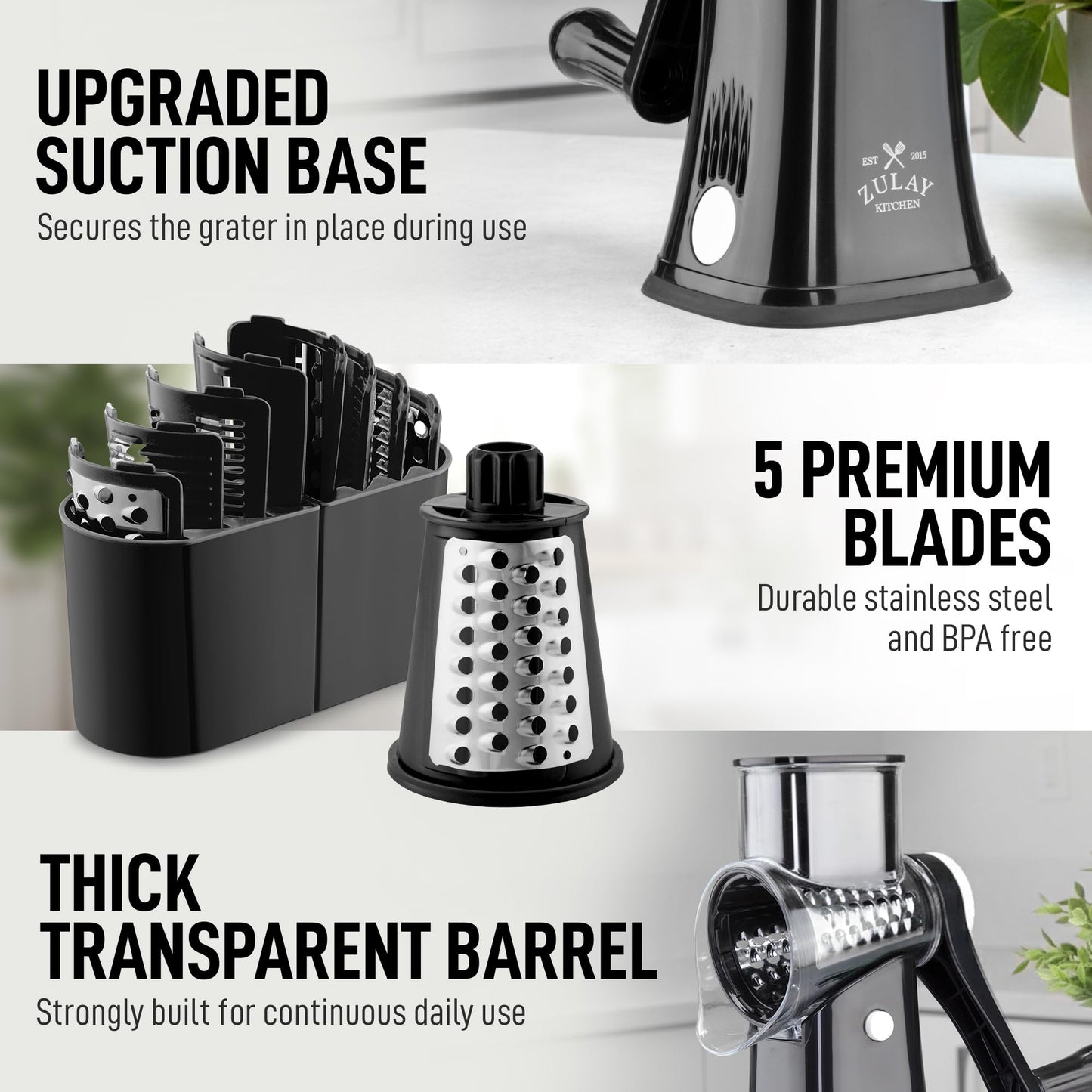 Zulay Kitchen Rotary Cheese Grater 5 Blade Cheese Shredder - Manual Hand Crank Cheese Grater With Reinforced Suction & 5 Interchangeable Drums - Easy to Use, Vegetable Chopper Round Mandoline Slicer
