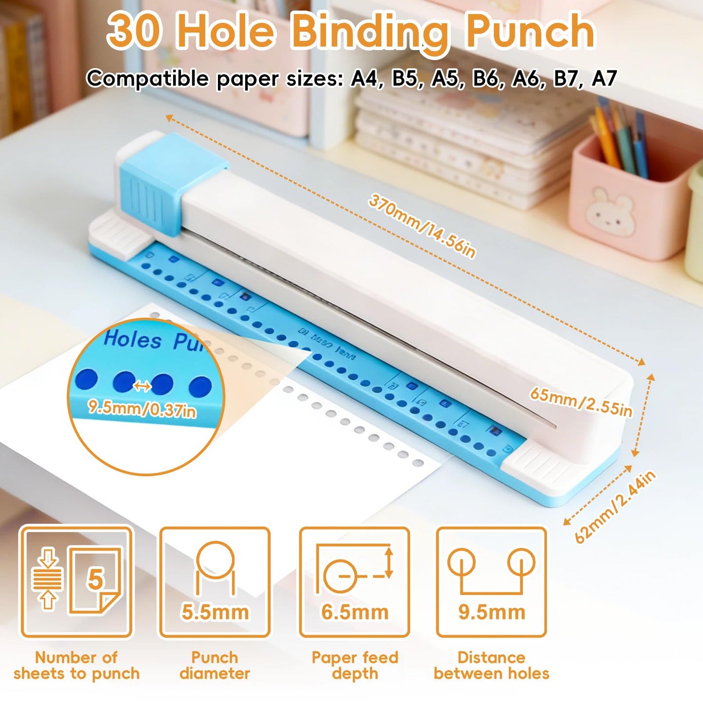 30 Hole Paper Punch, 1-Step Stamp-Shaped Binder Machine, Adjustable Stamp Paper Punch for A4 A5 A6 A7 B5 B6 B7 Notebooks, Planner Binding Machine, 5-Sheet Capacity Stamp Hole Puncher for School Office