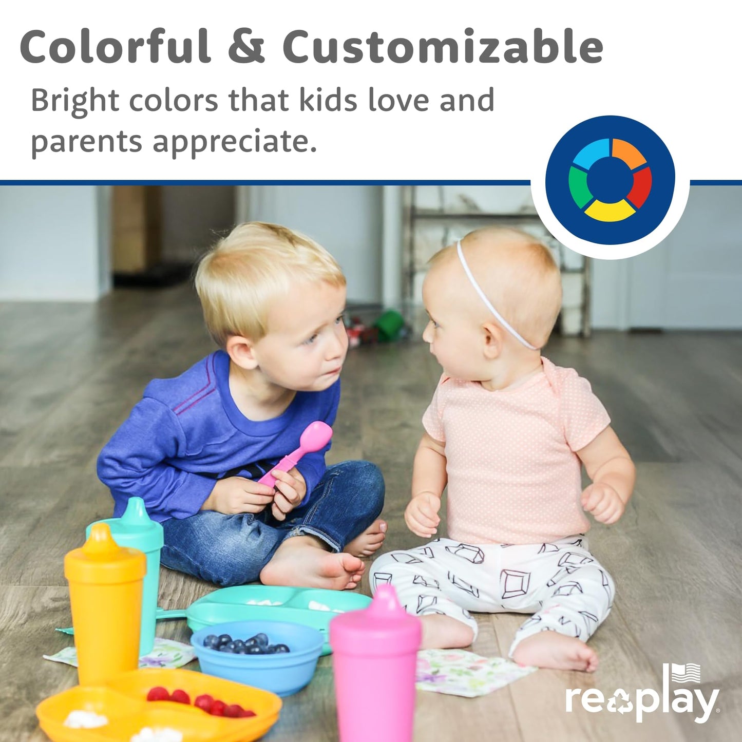 Re-Play 3 Divided Toddler Plates, 3 Utensils Set and 3 Wide Base Bowls - Dishwasher and Microwave Safe - Made in USA - Aqua Asst