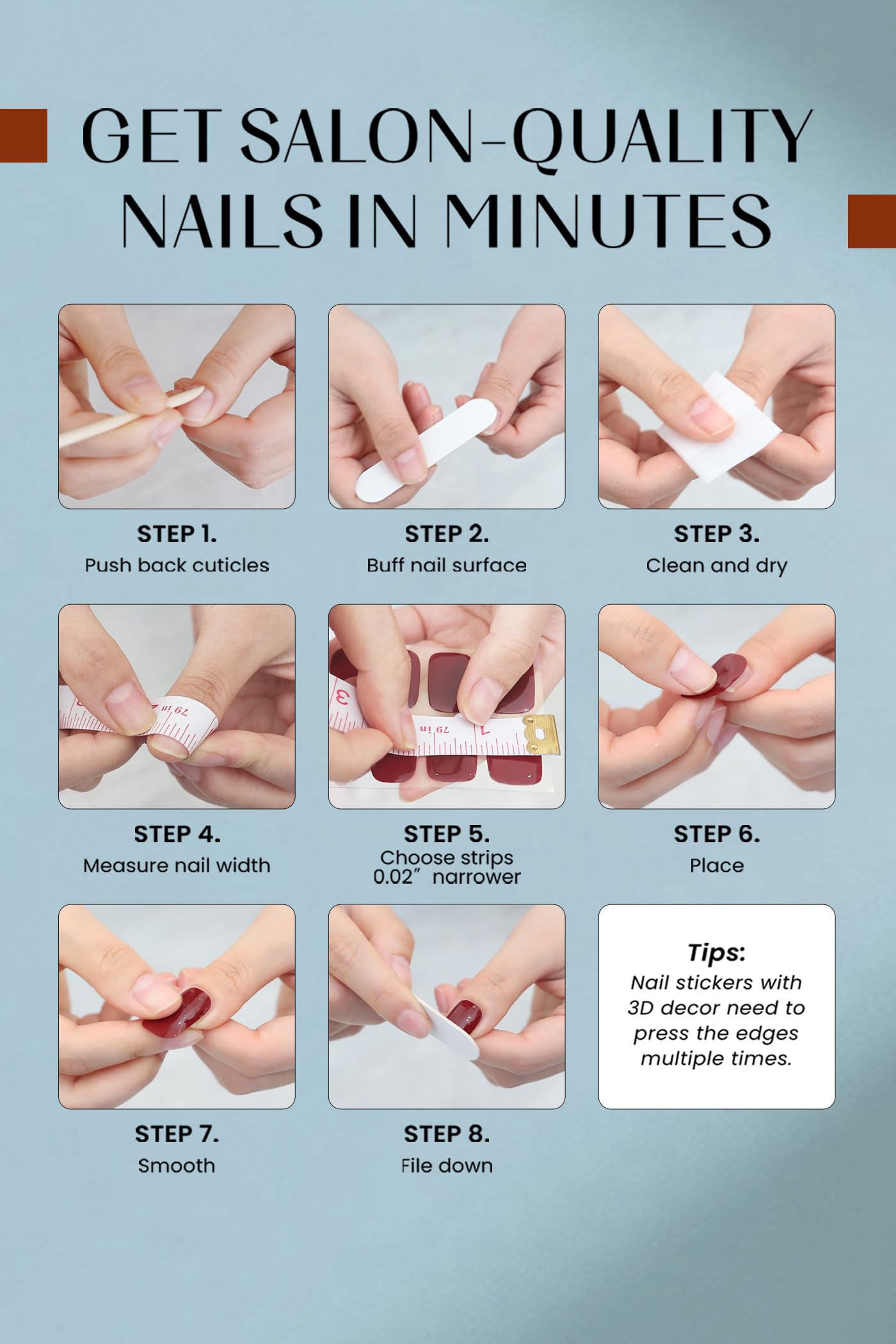 Gel Nail Strips 44Pcs, No UV/LED Lamps Needed, Pre-Cured Nail Stickers for Women Salon Quality, Polish Wraps Long Lasting, Easy Apply & Remove (Brown)