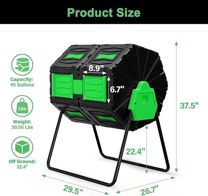 Compost Tumbler, Easy Assemble & Efficient Outdoor Compost Bin, 45 Gallon/170 Liter Large Dual Chamber Rotating Composter for Garden, Kitchen, and Yard Waste, Green Door