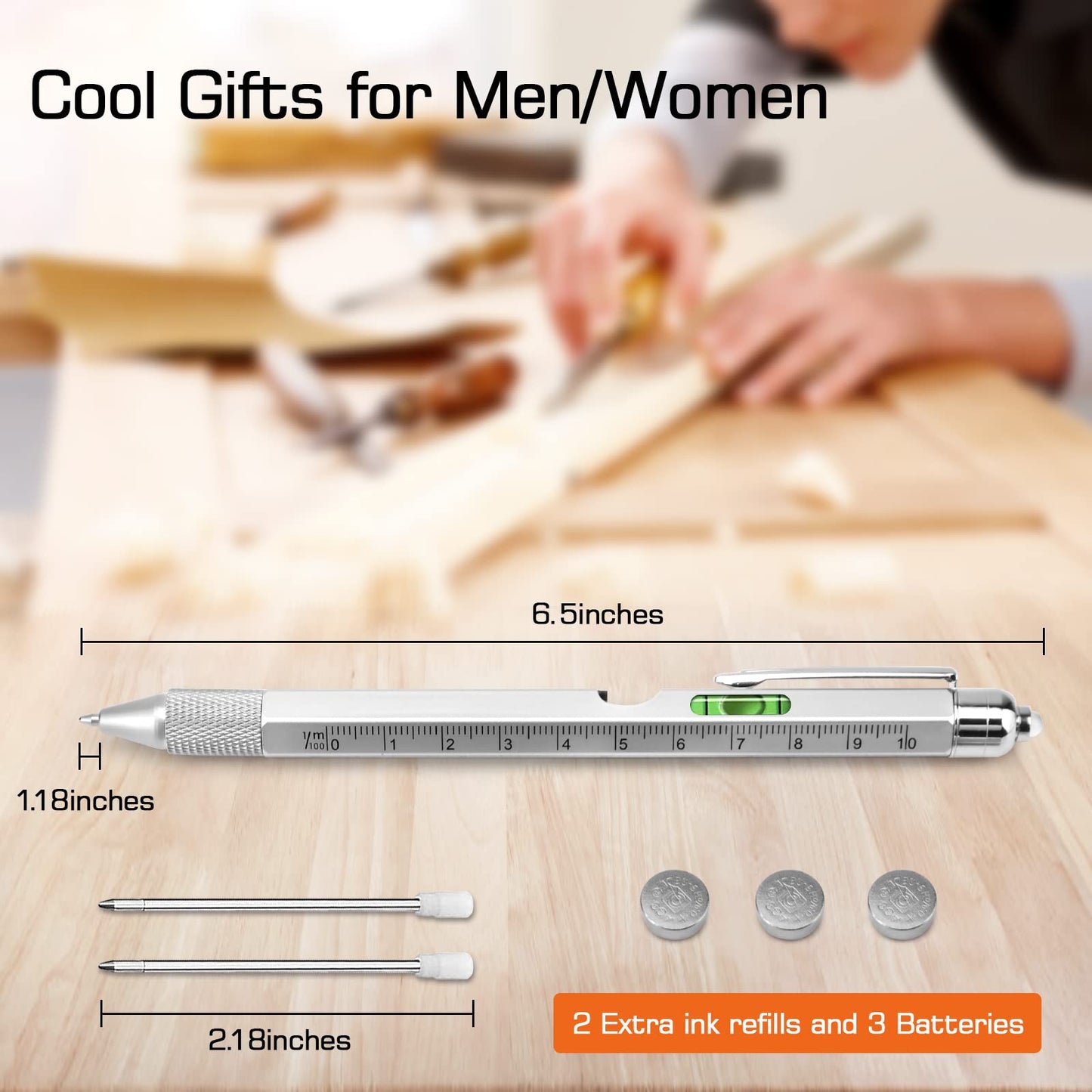 9 in 1 Multi-Tool Pen for Men, Tools with Ballpoint Pen, Screwdrivers, LED Light, Ruler, Stylus, Bubble Level and Bottle Opener, Practical Fathers Day Birthday Gifts for Men Dad Handyman DIY Lovers