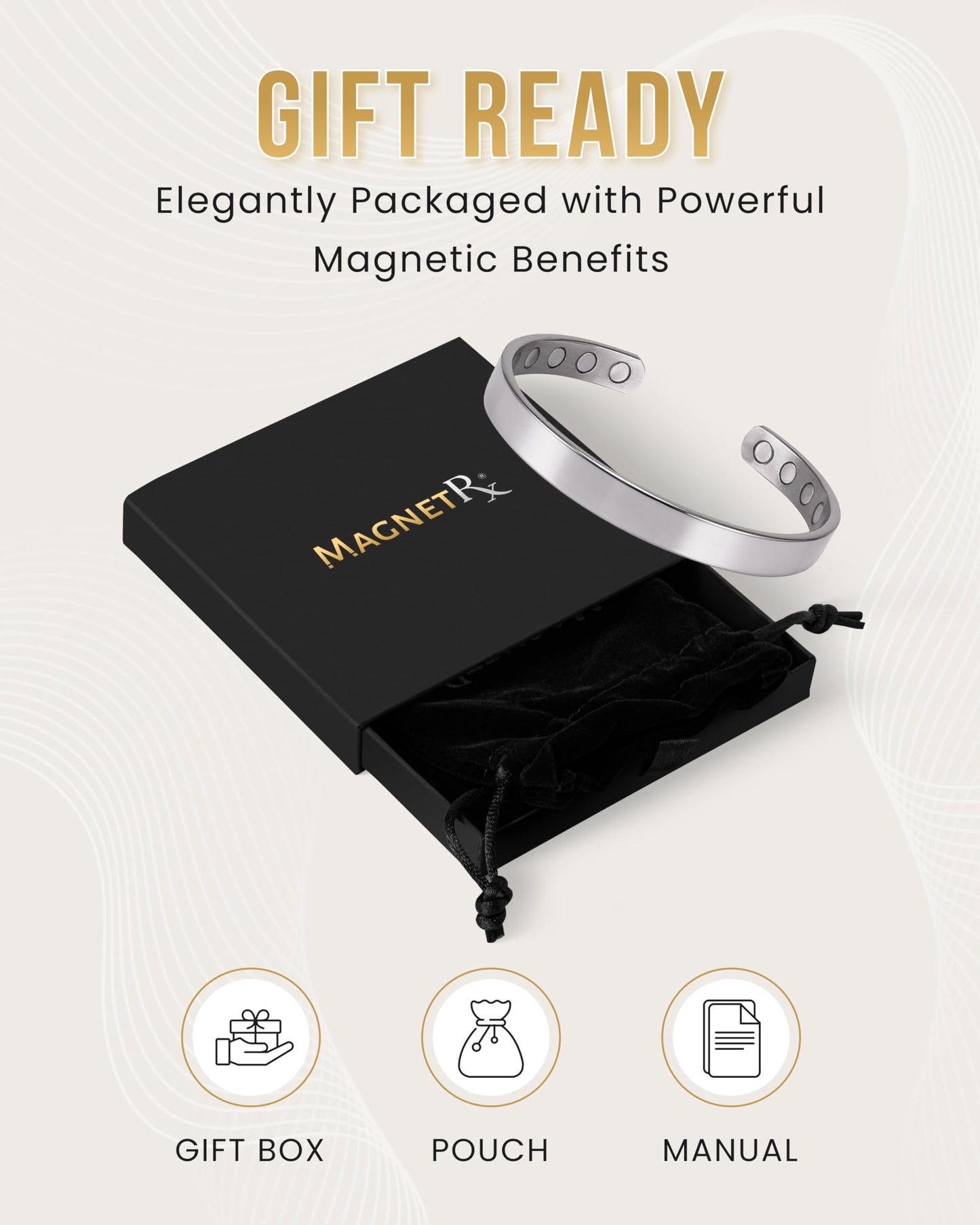 MagnetRX® Magnetic Bracelets for Men - Elegant Bangle, Golf/Tennis Elbow & Balance - Men’s Cuff Magnetic Bracelet (Polished Silver | Large)