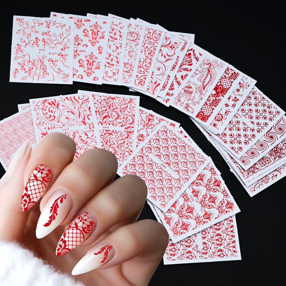 WEIXIWUYU Red Hollow Retro Floral Vine Nail Art Stickers Laser Silver Lace Design Nail Supplies 3D Self-Adhesive Nail Stickers for Women Girls DIY Manicure Slider Decorations 30 Sheets