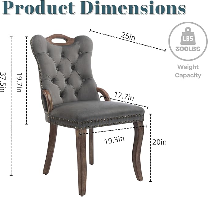 Velvet Dining Chairs Set of 4, Solid Wood Handles, Wooden Upholstered Dining Chair, Vintage Copper Nail Decoration, Mid Century Modern Kitchen Chair (Grey, Set of 4)