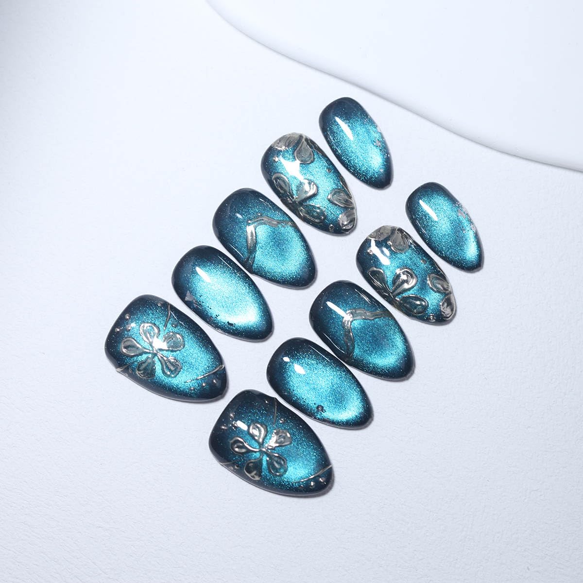10 Pcs Short Almond Handmade Press On Nails | Teal Cat Eye with Silver Floral & Foil Accents | Reusable, Easy to Apply & Remove, Salon-Quality Manicure (RR17, S)