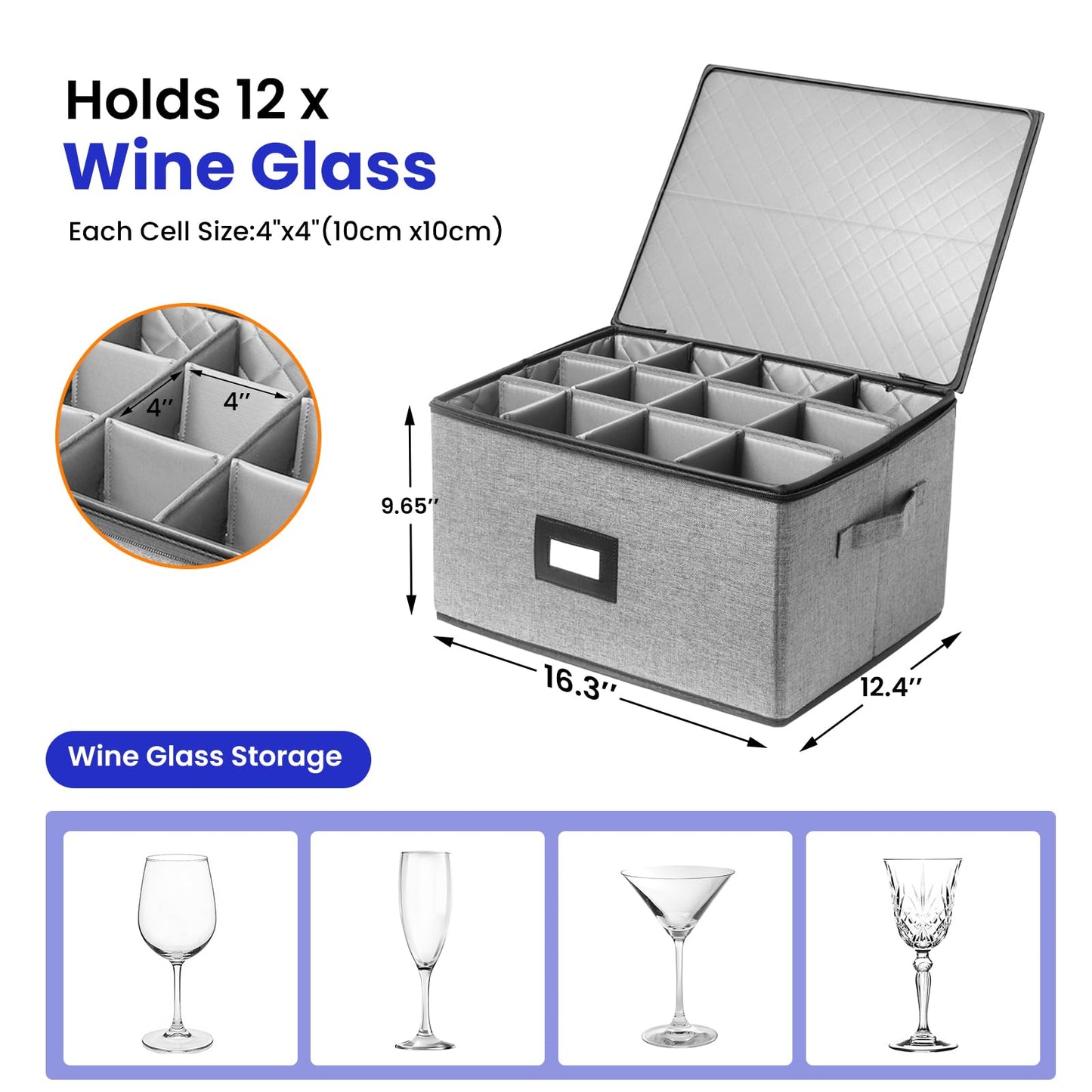 Wine Glass Storage Moving Box with Dividers 2 Pack, Holds 24 Glasses Containers Hard Shell, Glassware Stemware Holder, Packing Boxes with Lid Handle, Essentials for Glass Moving Organizing Gift