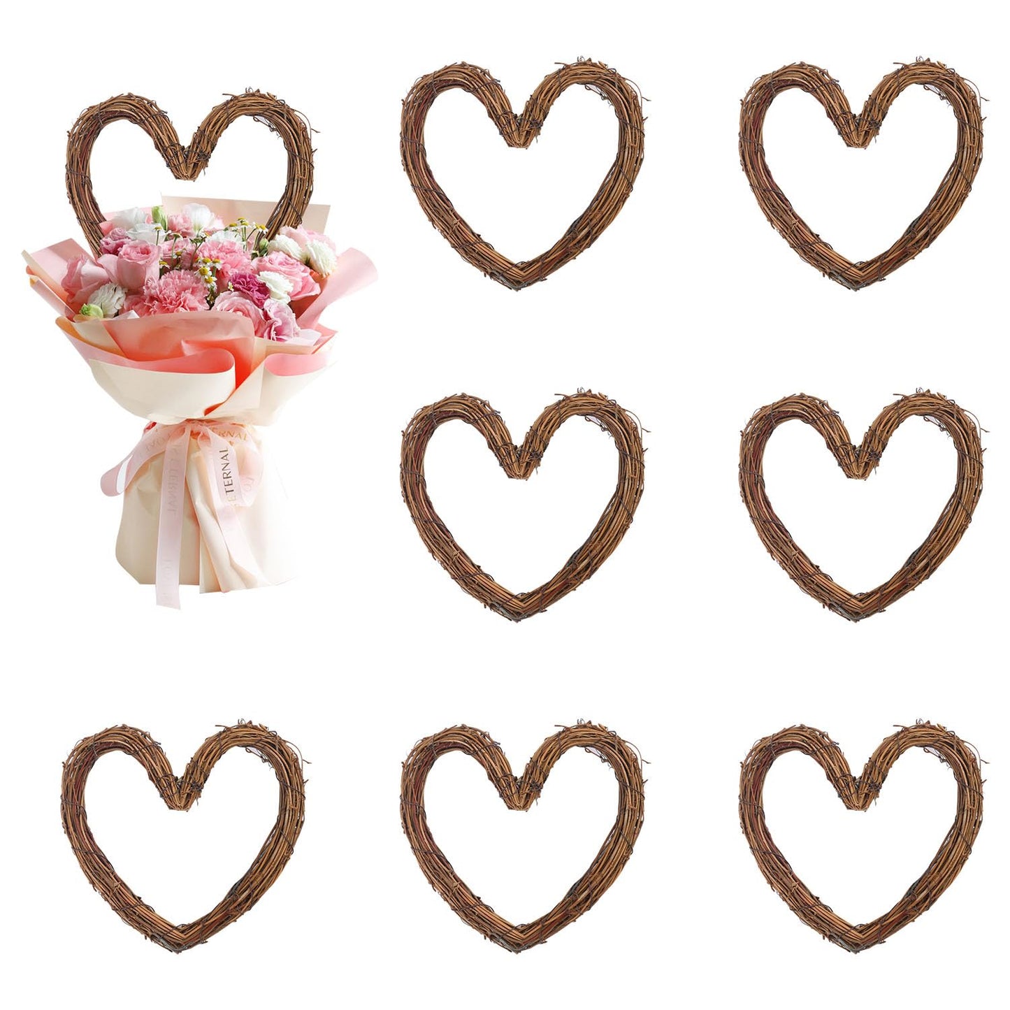 KUKLIPJIM 8 Pcs 8 Inch Heart Shaped Natural Grapevine Wreath Set, Hand-Woven Vine Branch Wreaths for DIY Crafts, Christmas Decorations, Home & Event Styling