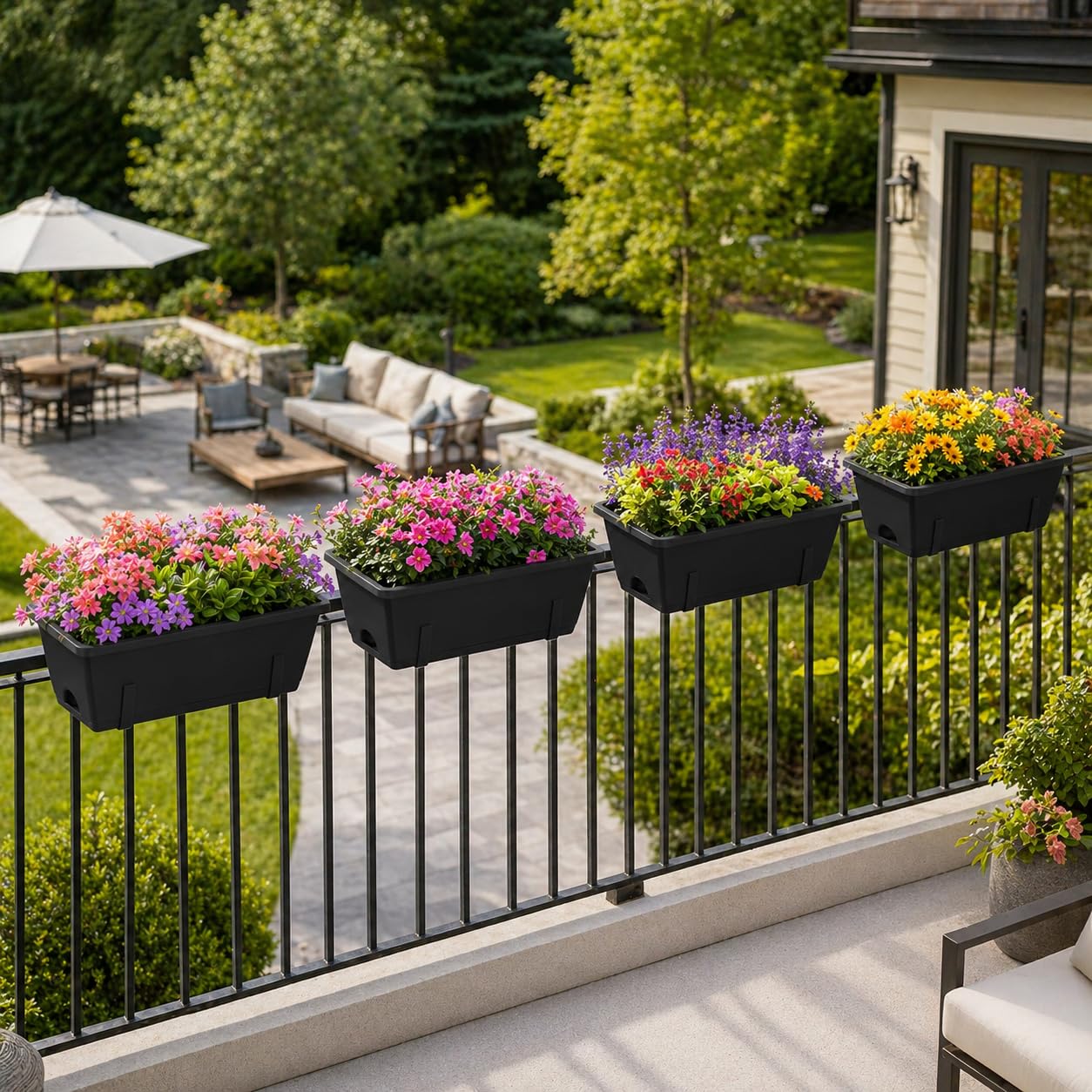 CADUKE Railing Planter Box 4 Pack Window Boxes Planter with Adjustable Brackets 16.9 Inches Deck Railing Hanging Flower Boxes Black Balcony Planters Fence Hanging Planters for Outdoor