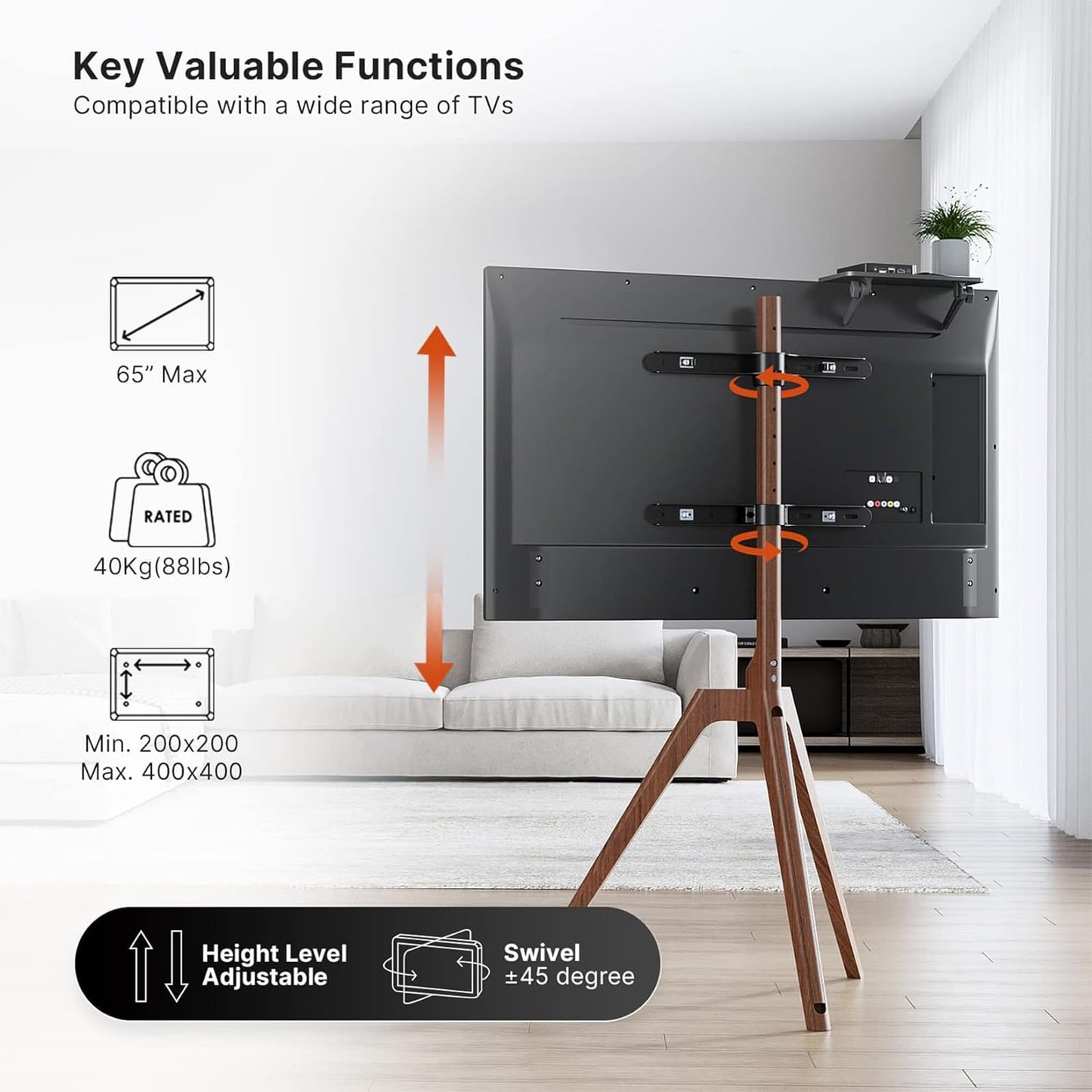 PUTORSEN Premium Wood Easel TV Stand, Adjustable TV Tripod Stand for 45-65 Inch LED LCD Screen, with Top TV Shelf and Magnetic Concealed Cable Management, Max Load 88lbs, Walnut