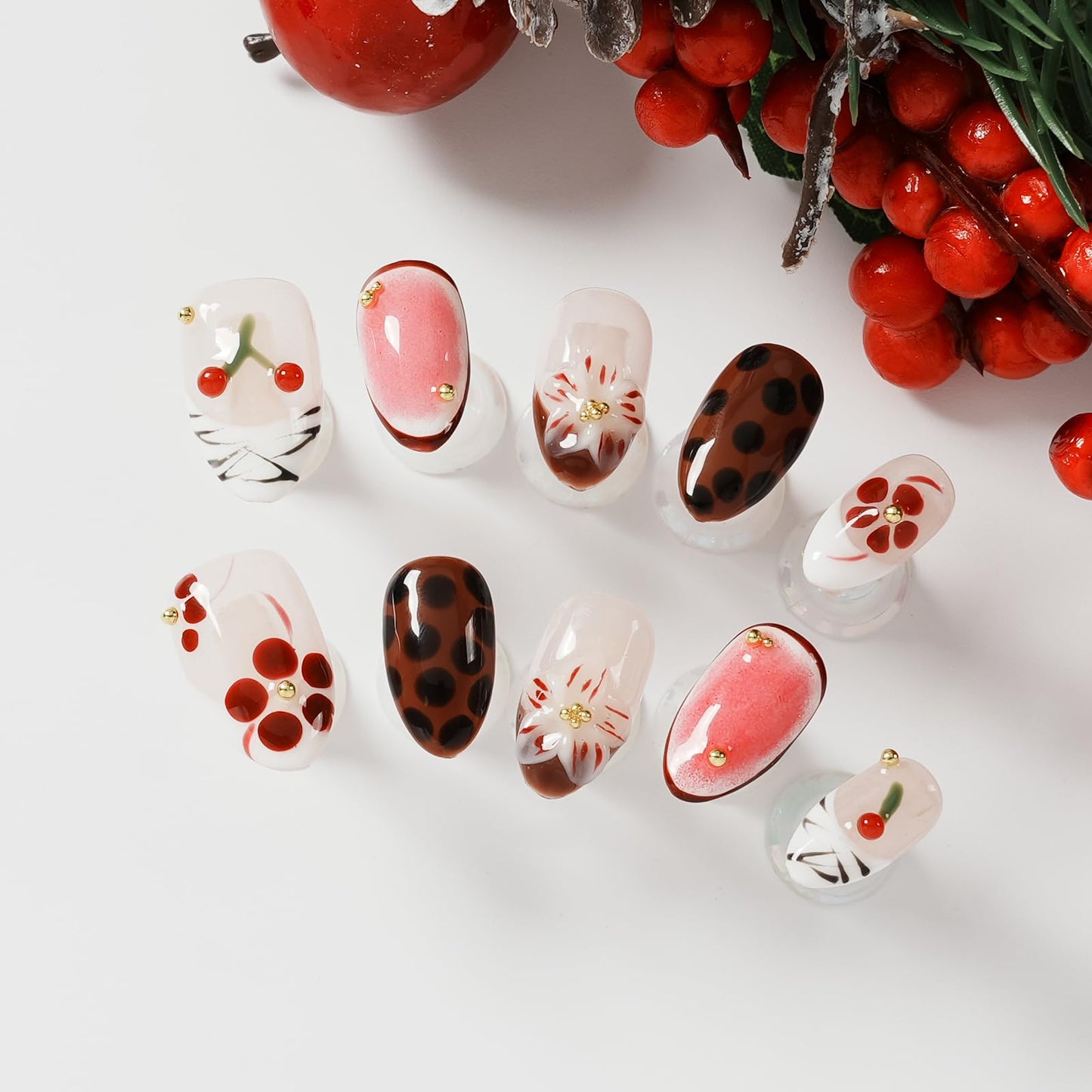 Tesytto Handmade Short Almond Press on Nails Leopard Print French Tip, Cherry Floral Coffee Dot Glossy False Nails, Reusable Acrylic Fake Nails for Women (Leopard Cherry Fun, M)