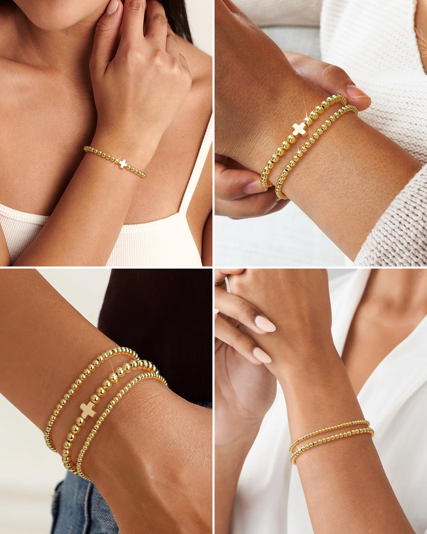 shownee Gold Bracelets for Women - 18K Gold Beaded Bracelets Stack Strand Bead Ball Bracelet No Tarnish Stackable Jewelry Set for Mother's Day Birthday 6.8 inch Small Graduation Gift for Her