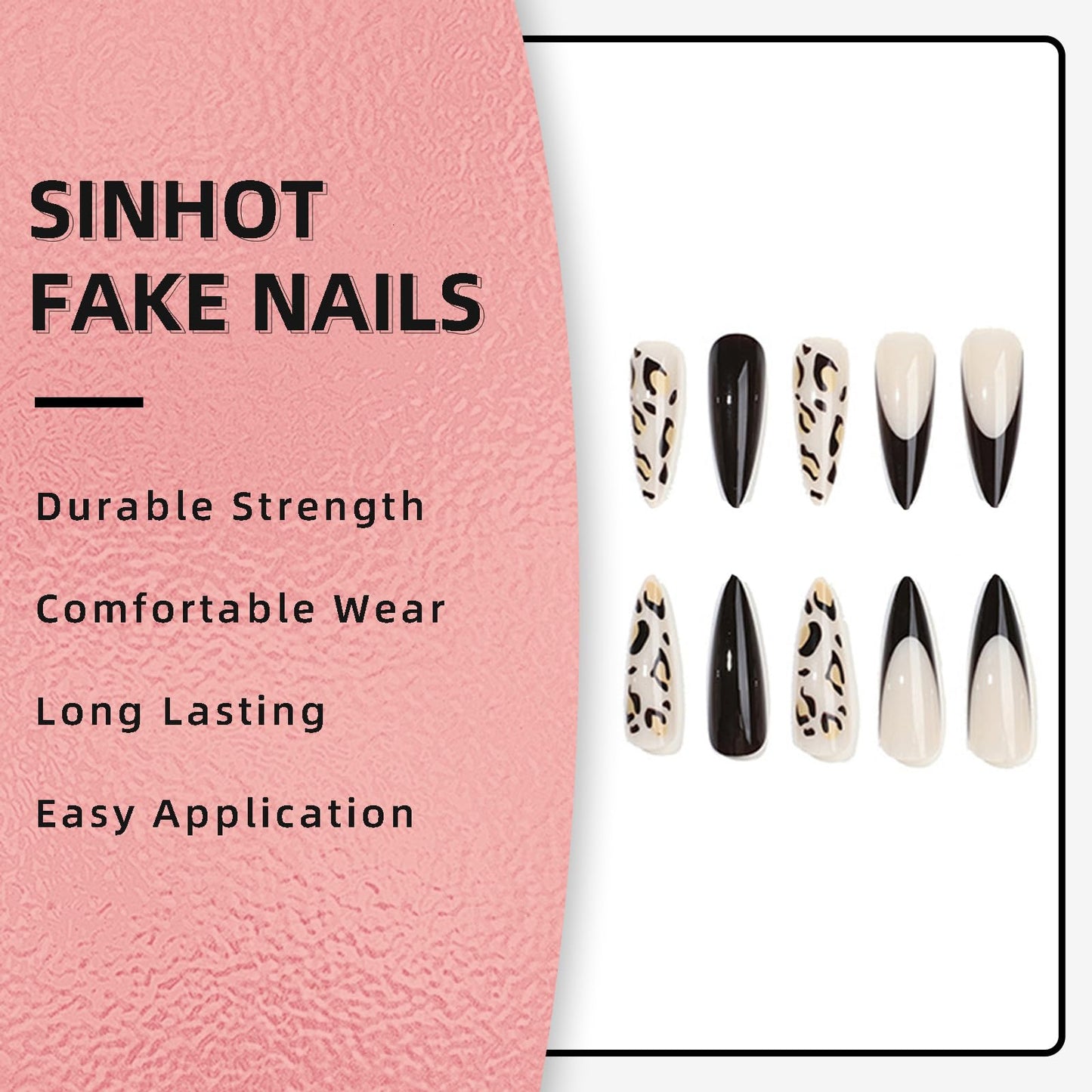 SINHOT Stiletto Press on Nails Long - Long Fake Nails, Glossy Finish, Wine Red French Tip & Leopard Print, DIY Artificial False Nail Art - 24 Pcs Nail Kit with Glue